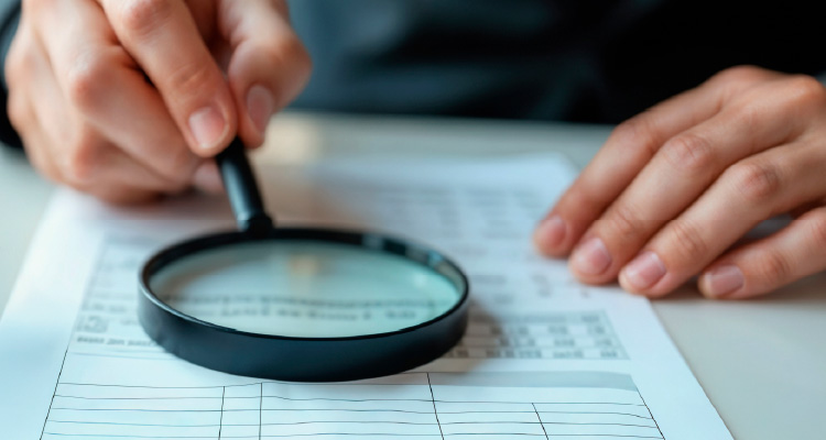 Imagem de mão com lupa observando documentos