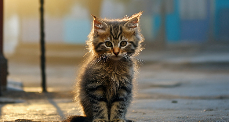 Fotografia de banco de imagens traz gato cinzento sentado em rua