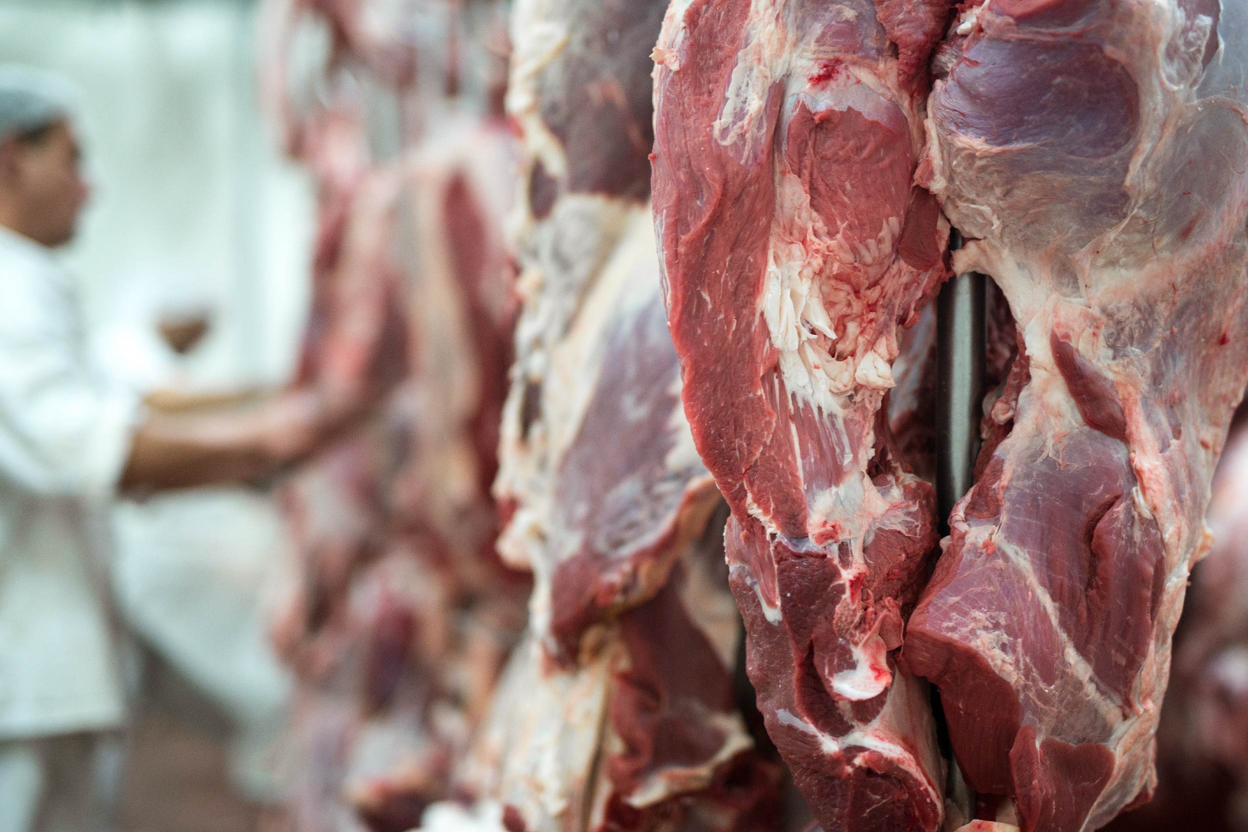 Fotografia de cortes de carne animal penduradas em açougue