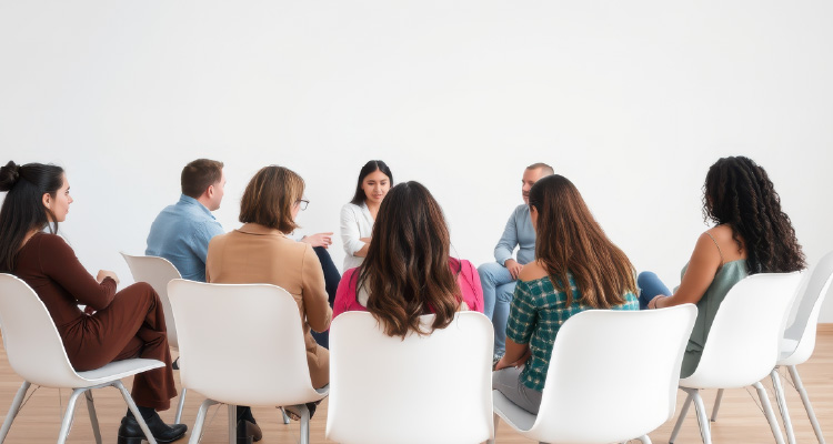 Fotografia de pessoas sentadas em círculo dialogando