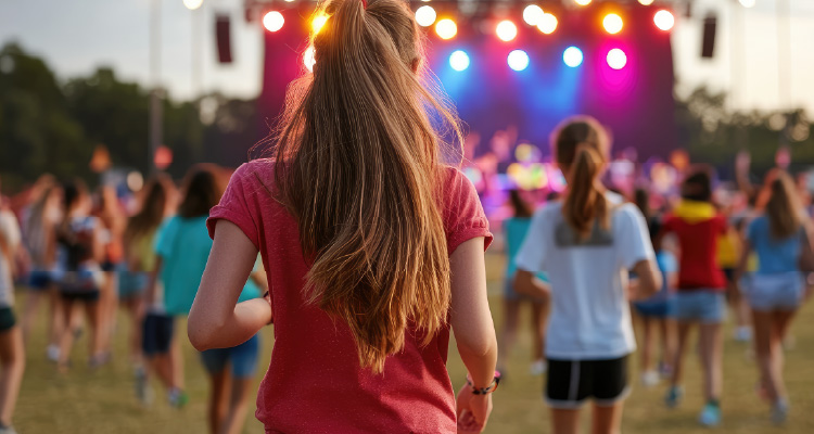 Imagem de pessoas se divertindo em frente a palco de shows