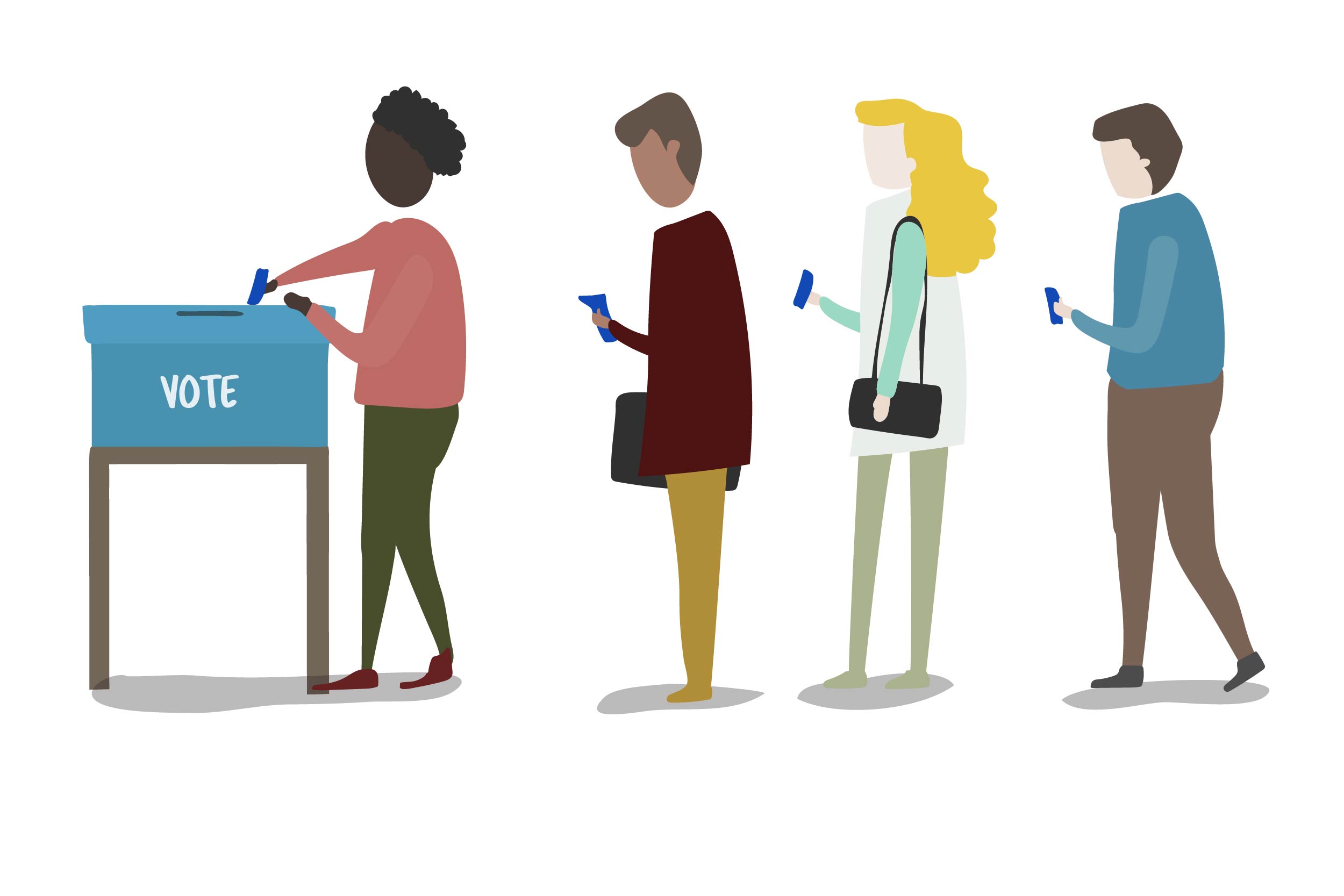 Ilustração mostra fila de pessoas em fila para depositar voto na urna