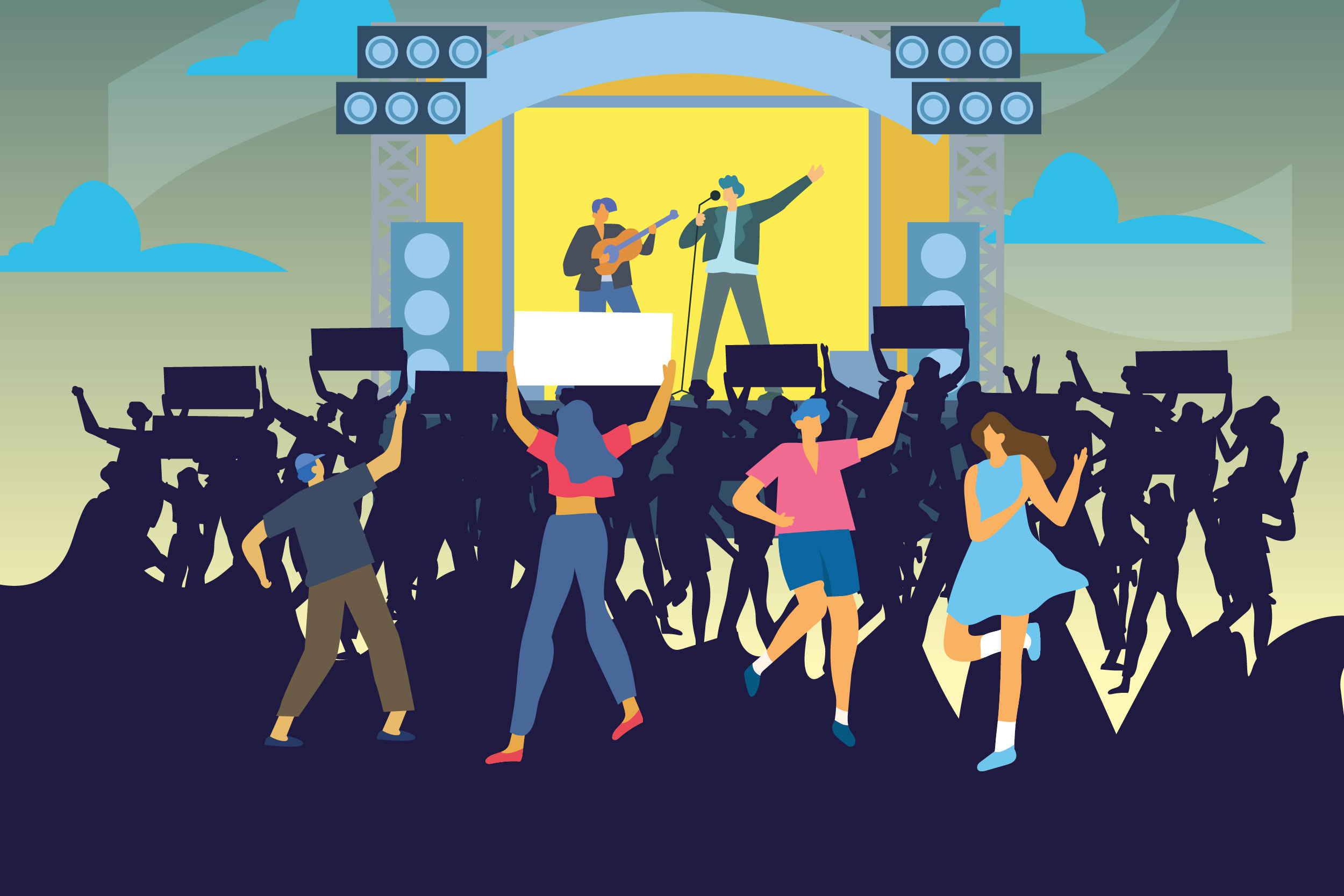 Ilustração colorida de pessoas dançando na frente de um palco de shows