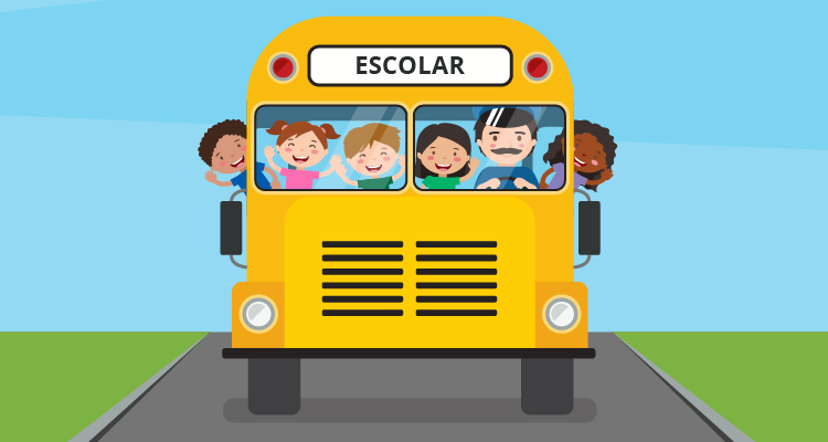 Ilustração de ônibus amarelo, típico do transporte escolar, tem motorista de frente e crianças nas janelas sorrindo