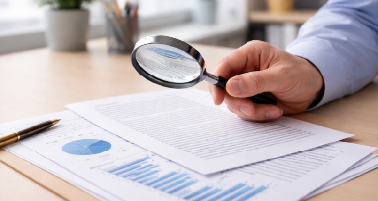 Imagem de lente de aumento diante de papéis com gráficos