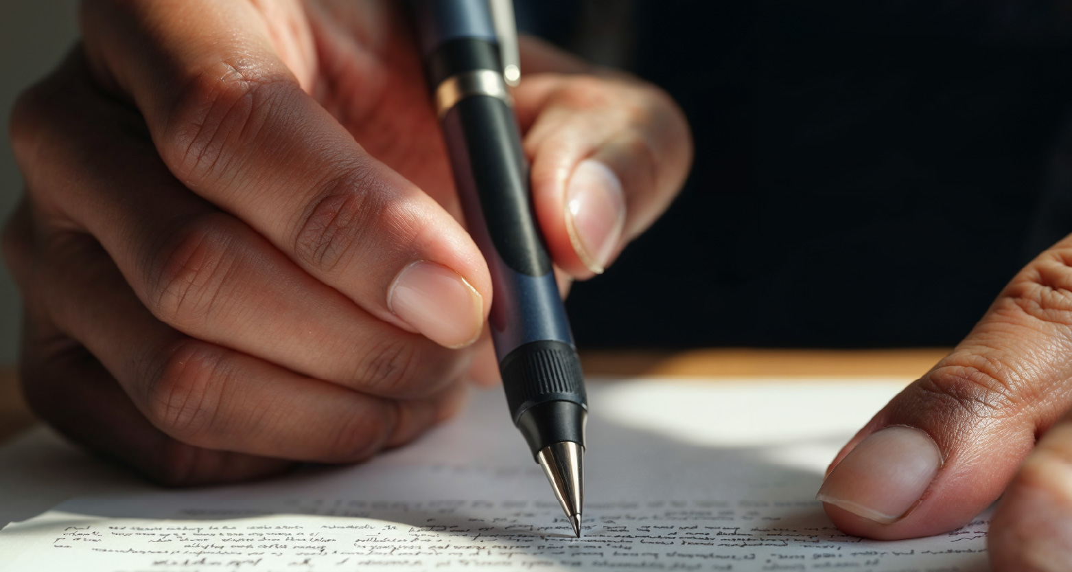 Fotografia de mão segurando caneta e assinando papel