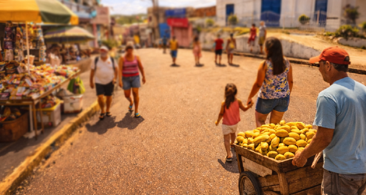 Imagem de pessoas andando em ruas tendo comércio ambulante ao redor