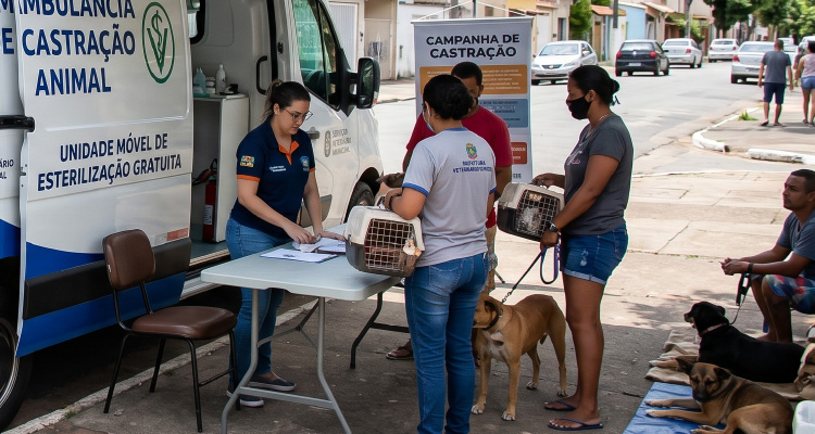 Fotografia de pessoas levando seus animais para castração na unidade móvel