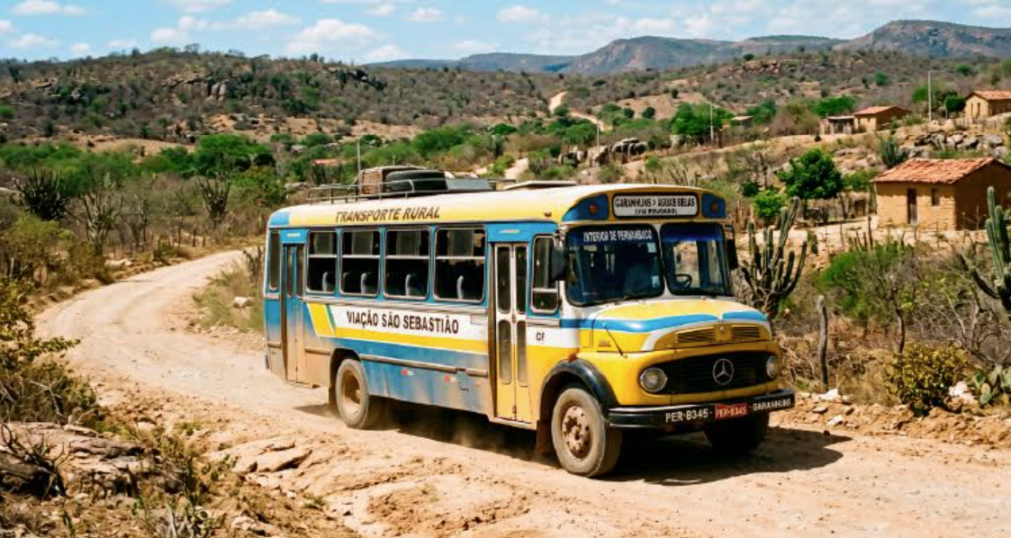 Imagem de ônibus trafegando em estrada de barro