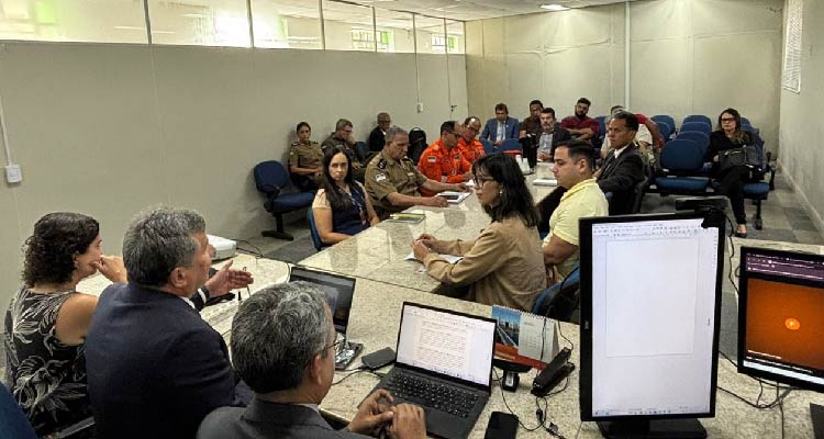 Fotografia dos participantes da reunião sentados em volta da mesa