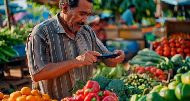 Imagem gerada por IA de homem em banca de legumes e verduras 