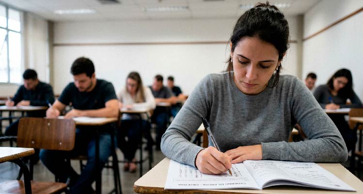Imagem de pessoas fazendo prova em bancas escolares