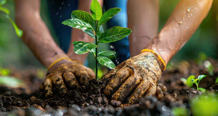 Fotografia de mãos plantando muda de árvore