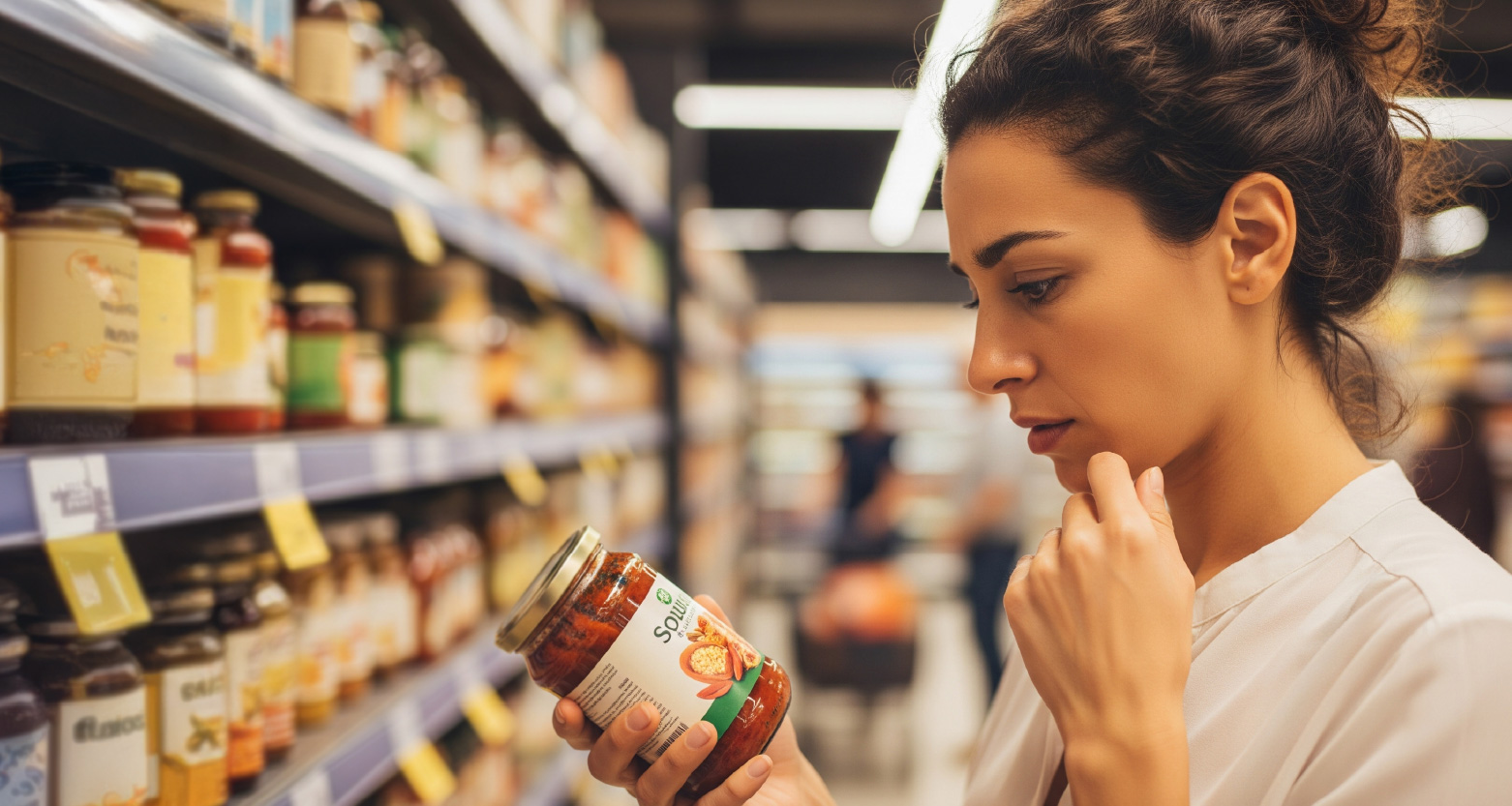 Imagem de mulher avaliando lata de alimento