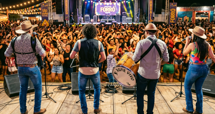 Imagem de banda tocando no palco com pessoas na plateia se divertindo