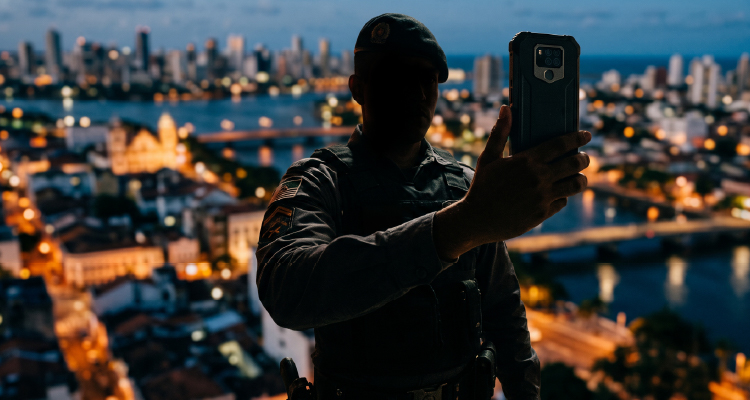 Imagem de PM fazendo selfie com paisagem urbana por trás