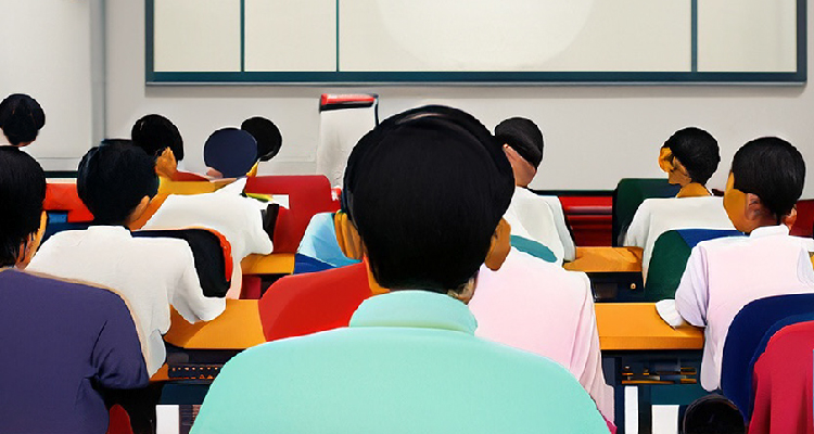 Foto mostras várias pessoas de costas sentadas em bancas escolares.