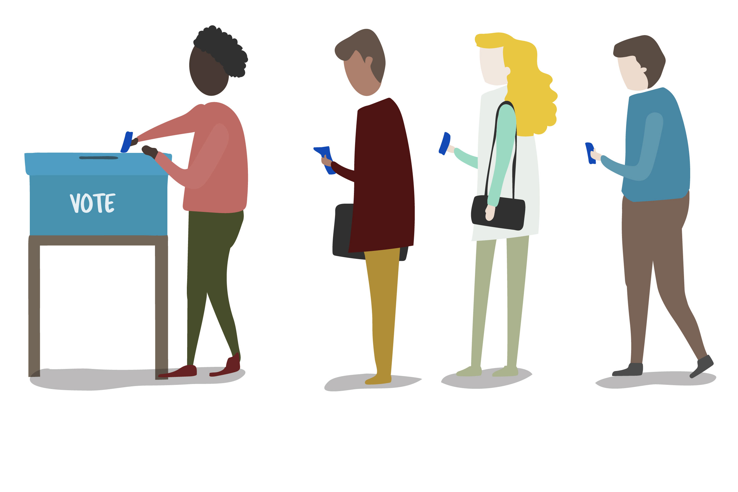 Ilustração mostra duas mulheres e dois homens em uma fila. Cada um deles está com um papel na mão. A primeira pessoa da fila está inserindo o papel dentro de uma urna.