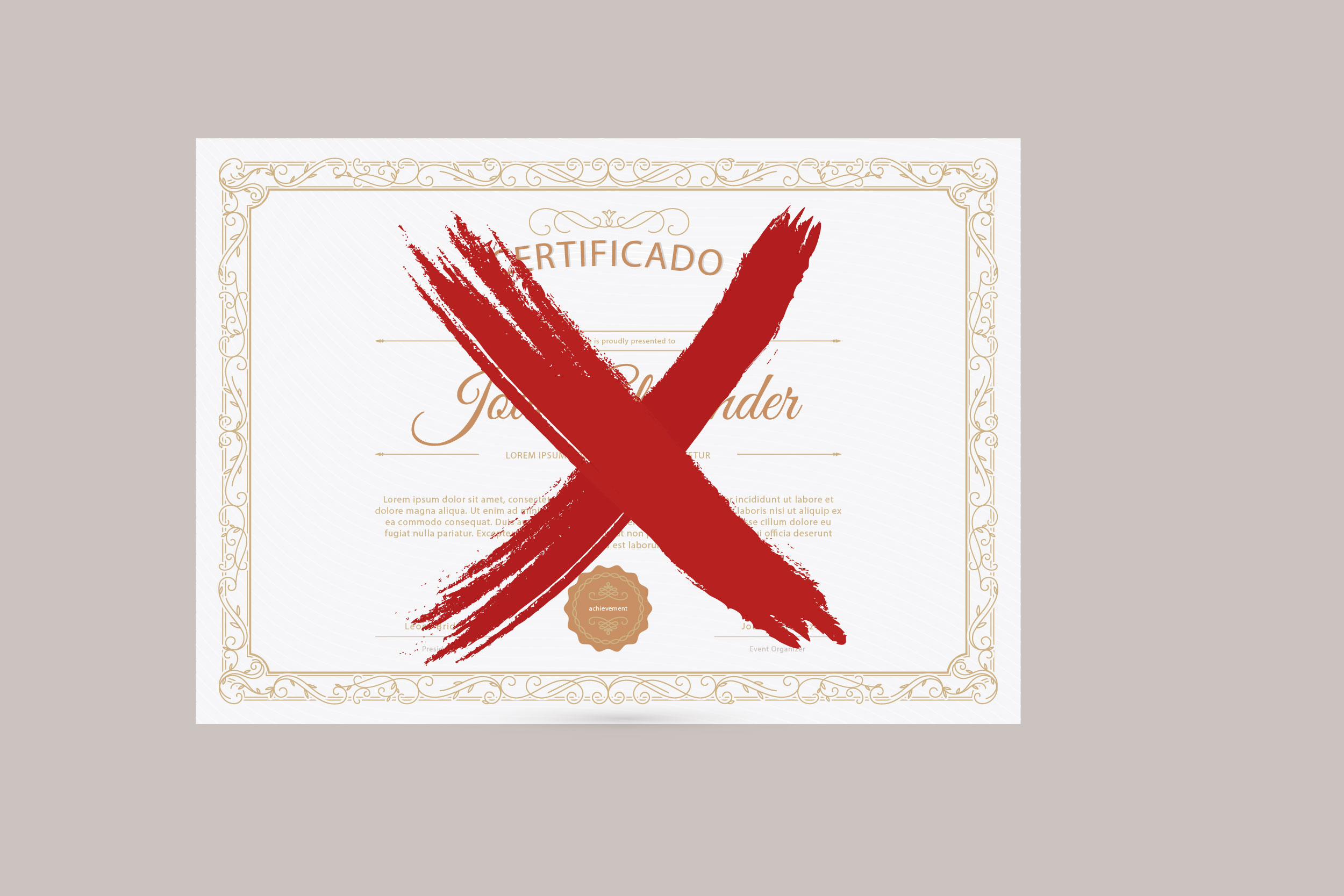 Ilustração mostra diploma com X vermelho em cim