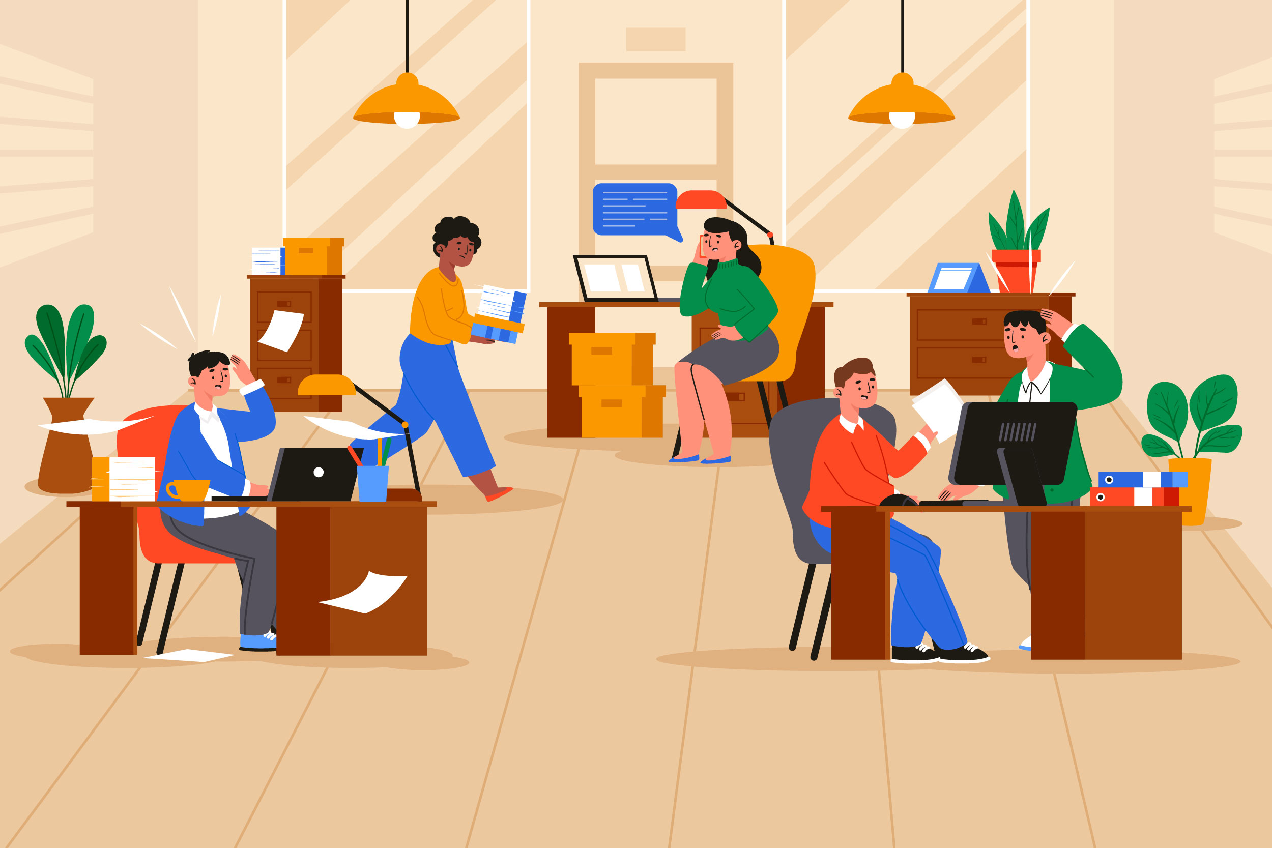 Ilustração de várias pessoas em escritório trabalhando 