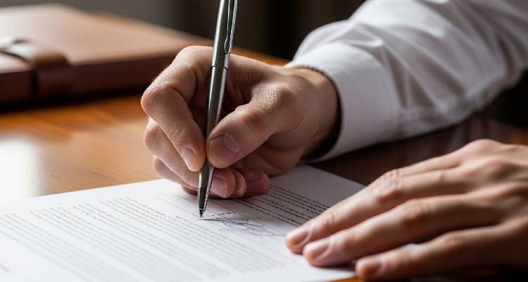 Fotografia de mãos segurando caneta a assinando papel