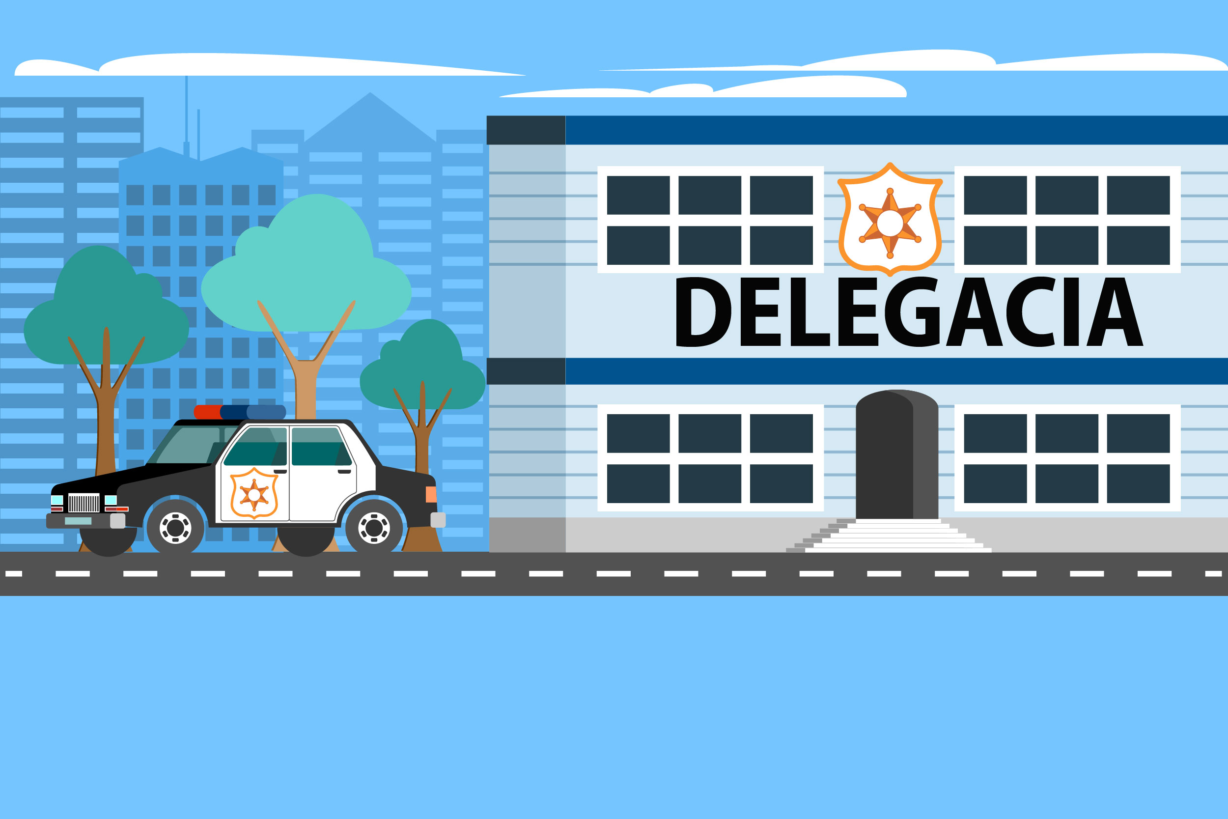 Ilustração de prédio com o nome "delegacia", com carro de polícia na frente