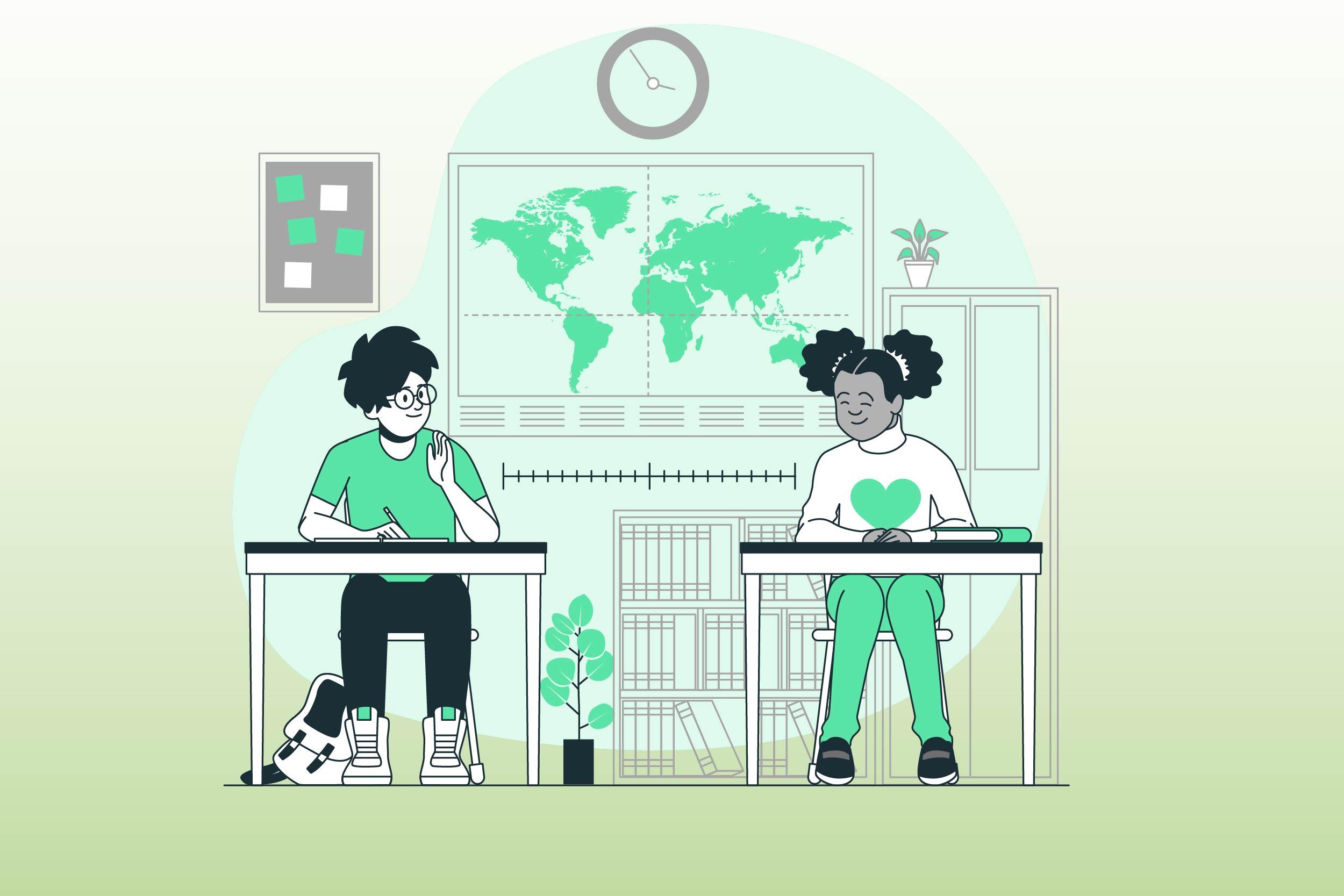 ilustração em tons verdes mostra estudantes em sala de aula, sentados em bancas escolares, escrevendo em cadernos 
