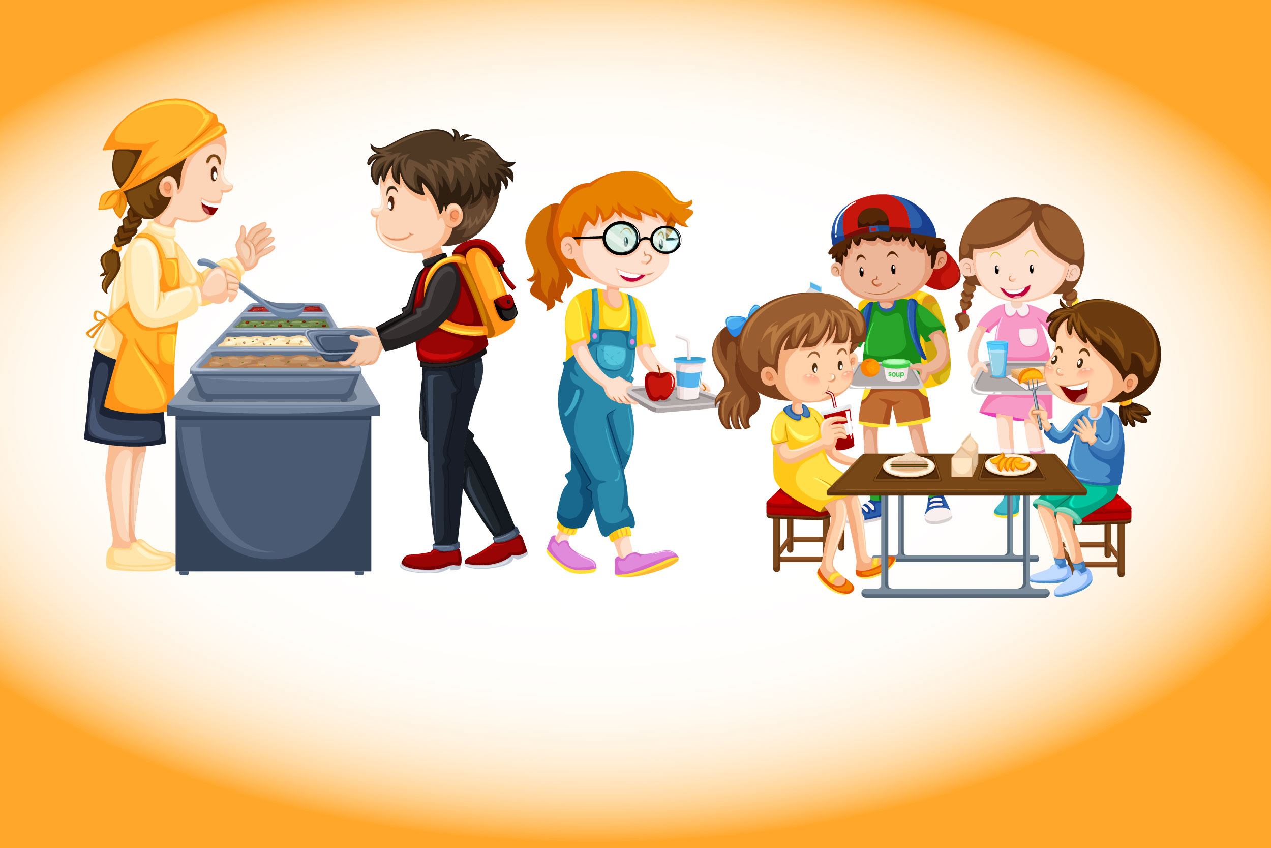Ilustração colorida mostra crianças em refeitório se alimentando