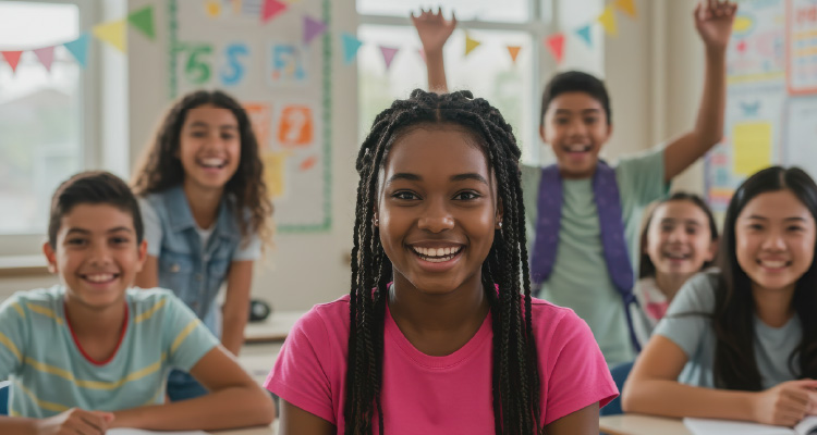 Imagem de crianças sorrindo em sala de aula