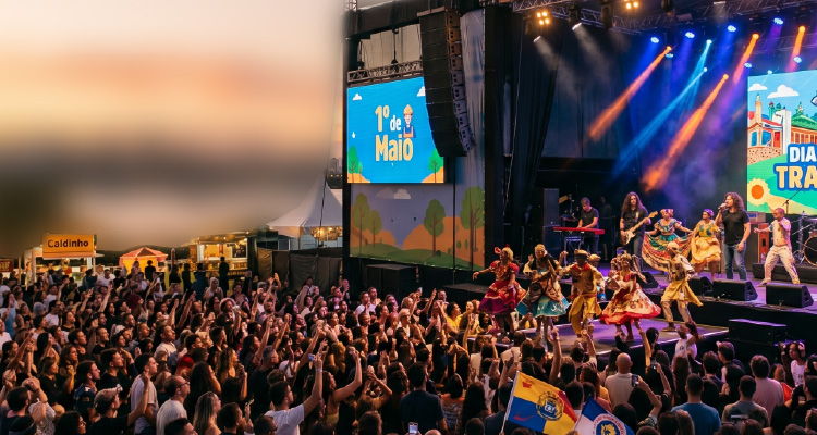 Imagem de palco de shows com artistas se apresentando para público