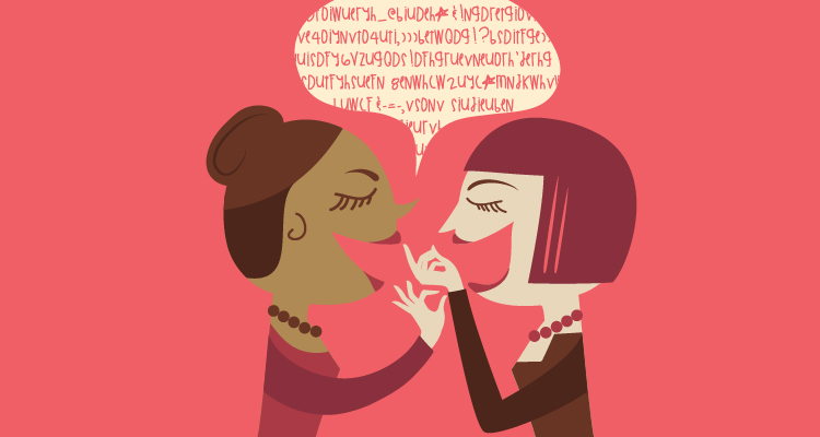Ilustração mostra duas mulheres conversando. Elas estão de frente uma para a outra gesticulam. Um balão de fala com texto está posicionado entre as duas.
