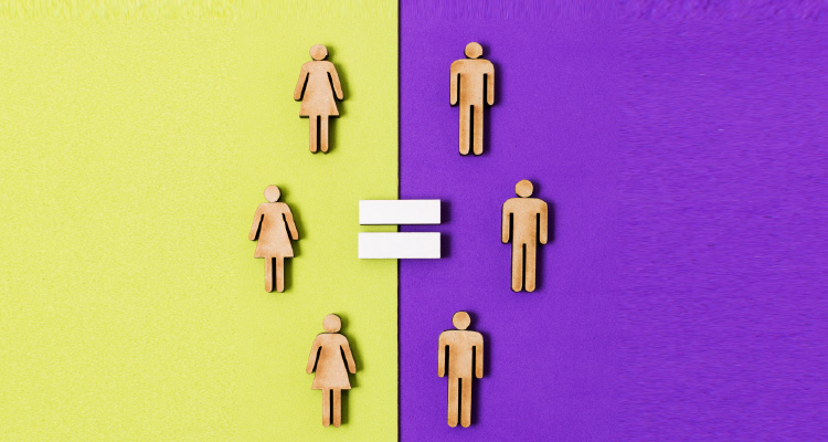 Ilustração de figuras que representam homens e mulheres com sinal de igualdade as lligando