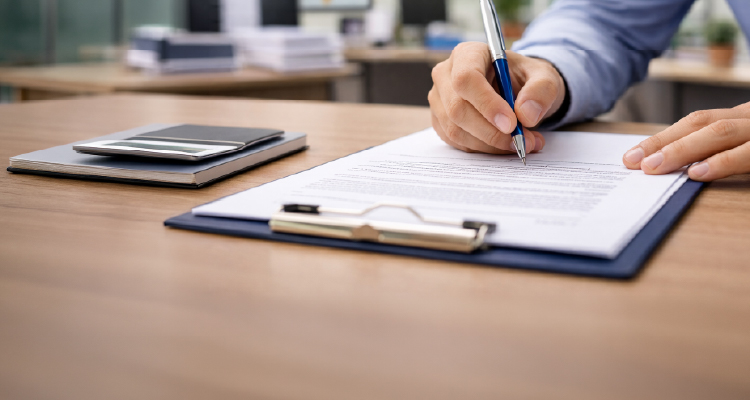 Imagem de pessoa escrevendo em papéis tendo calculadora ao lado