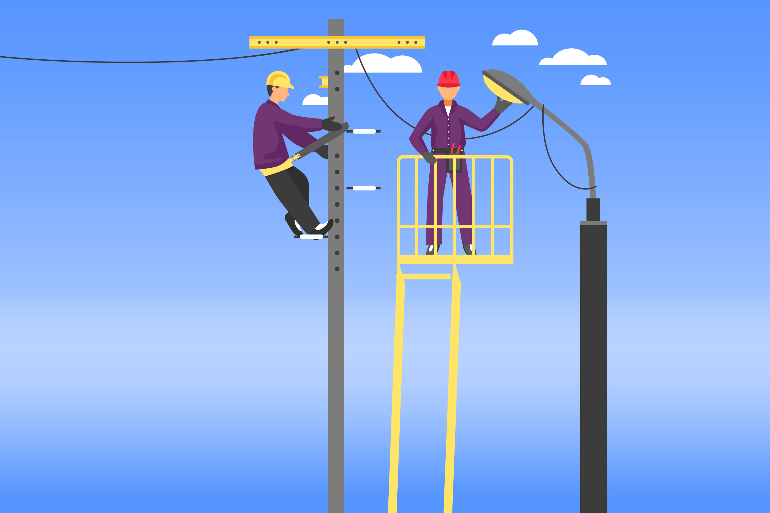 Ilustração colorida representa dois homens no alto de uma escada consertando um poste de iluminação pública