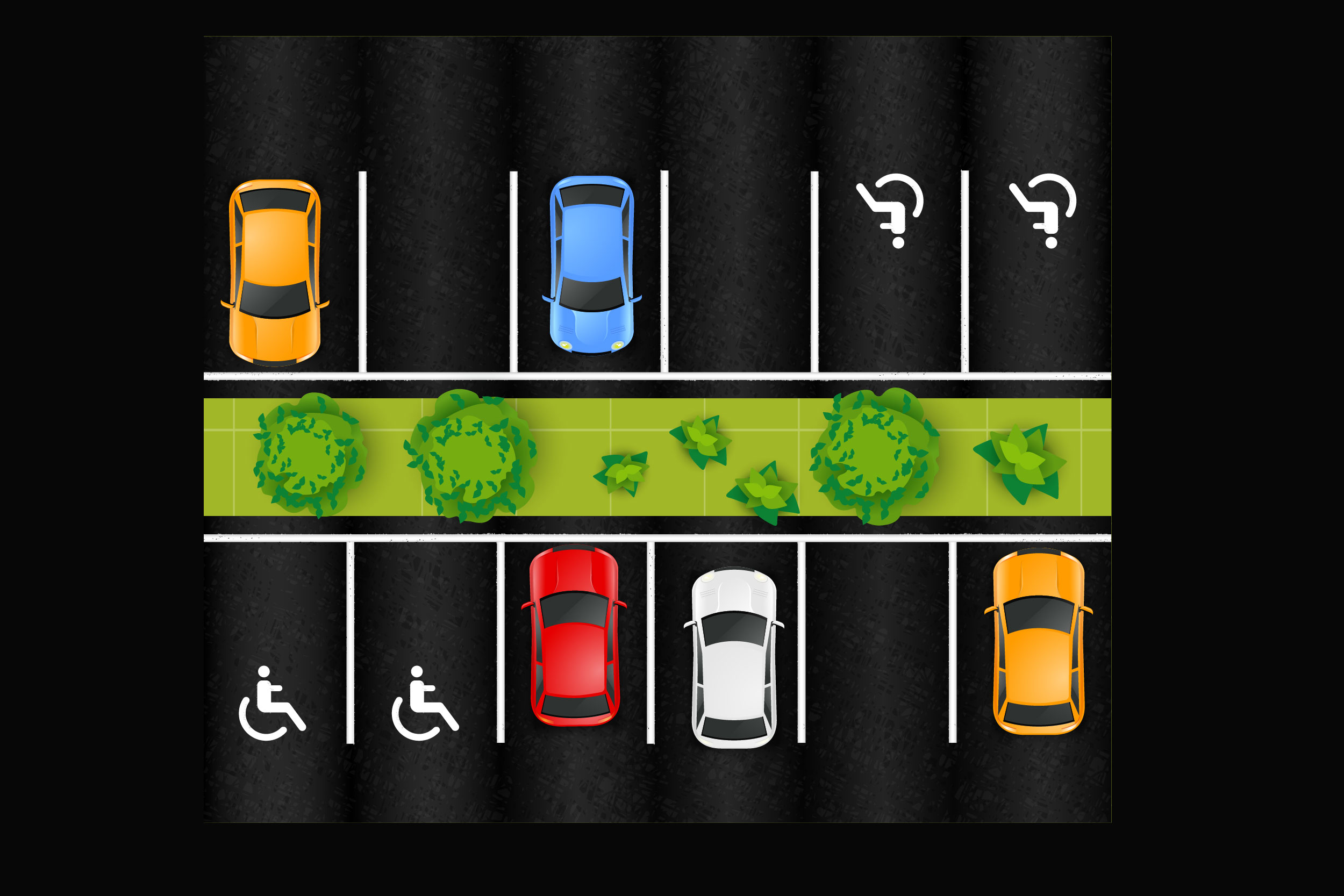 Ilustração mostra visão de cima de estacionamento com carros e vagas reservadas para pessoas com deficiência