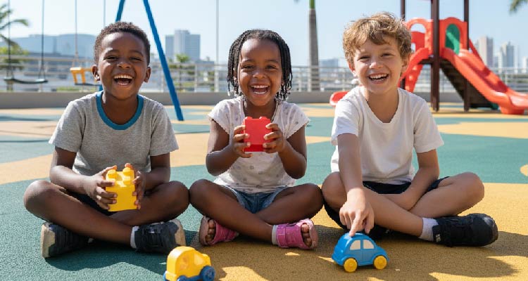 Imagens de crianças sentadas no chão do parque, brincando e sorrindo