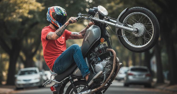 Imagem gerada por IA de homem fazendo manobras com motocicleta em rua