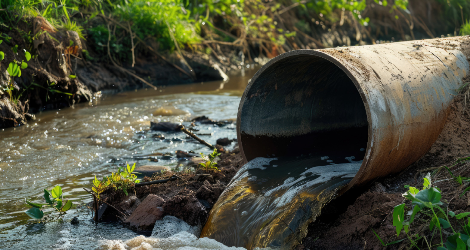 Imagem de cano de esgoto despejando em rio