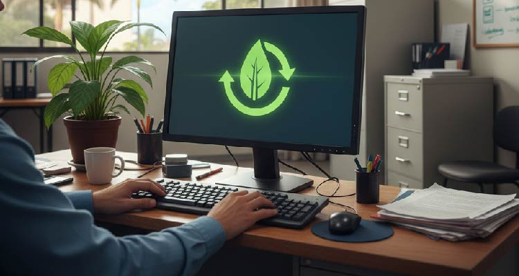 Imagem de pessoa diante de tela do micro observando plantinha digital estilizada