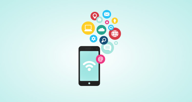 Ilustração de smartphone com ícones sobrevoando ao redor