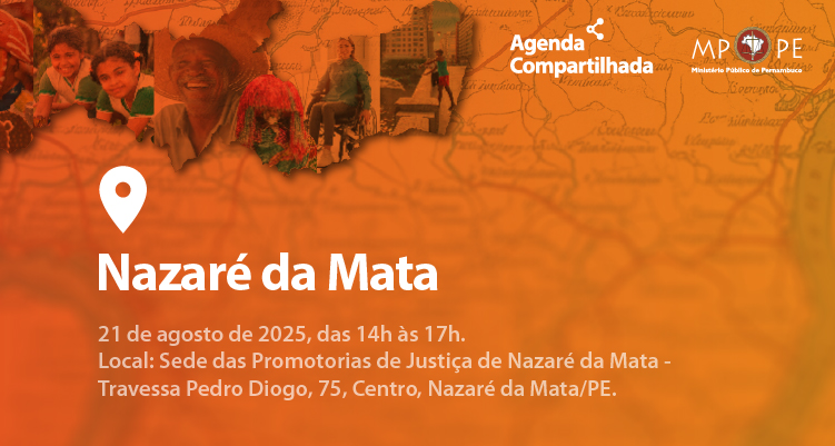 Arte com grafismo do mapa de Pernambuco em tons laranja. Em letras brancas, a inscrição "Nazaré da Mata" e a data de 21 de agosto.