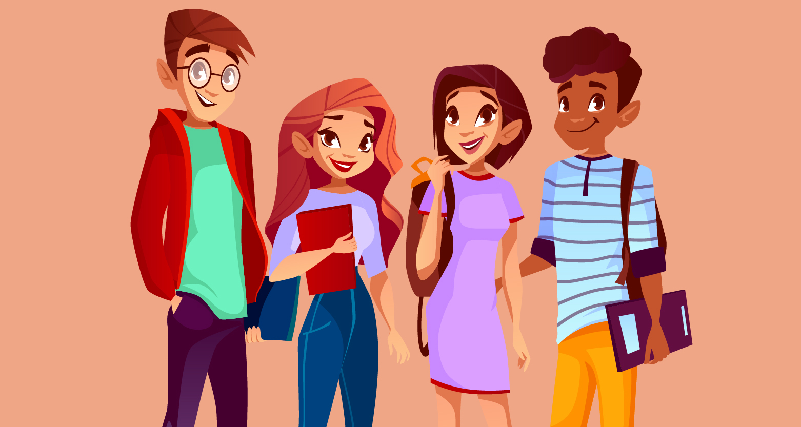 Ilustração de quatro jovens de diversas etnias posados lado a lado