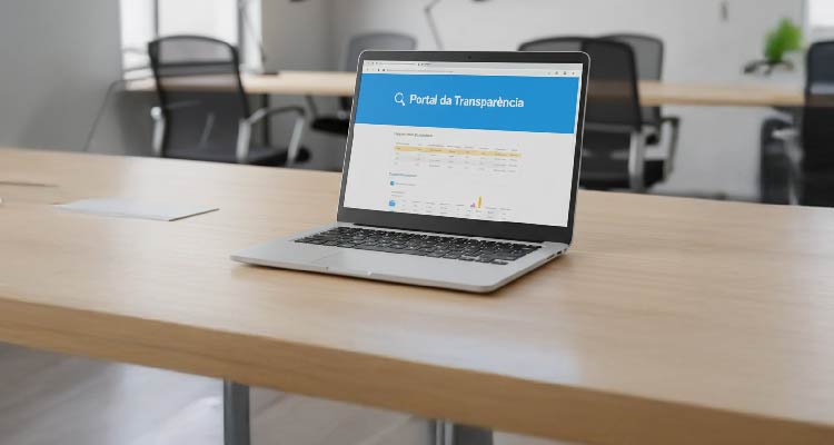 Imagem de notebook em cima de bancada com os dizeres Portal da Transparência