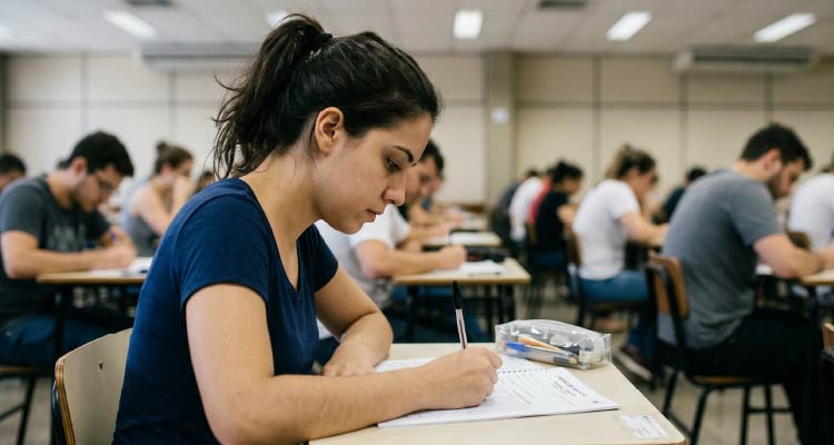 Imagem de pessoas fazendo prova em sala de aula