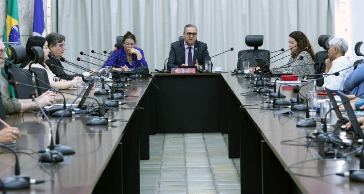Fotografia dos participantes da reunião em volta da mesa de discussões