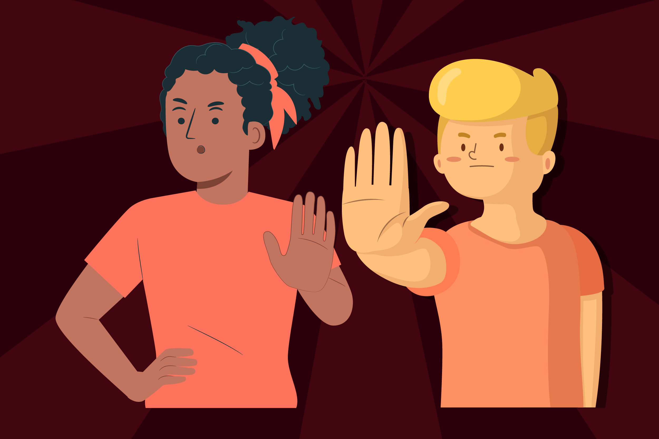 Ilustração de rapaz branco e moça negra fazendo sinal de pare com a mão