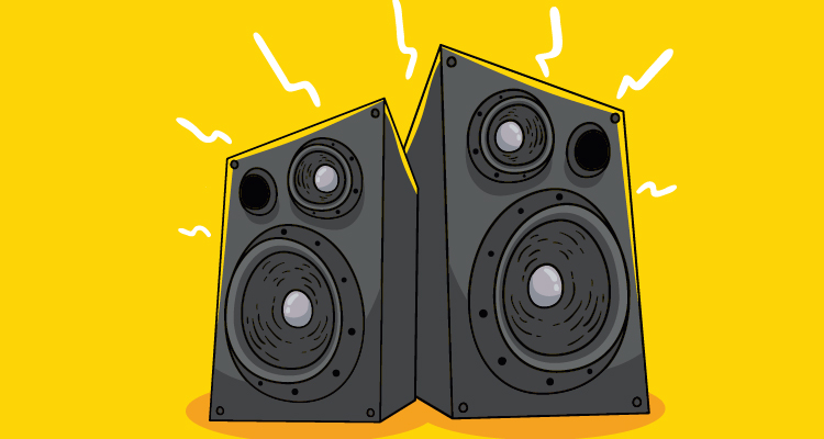 Ilustração com fundo amarelo de duas caixas de som cinzentas
