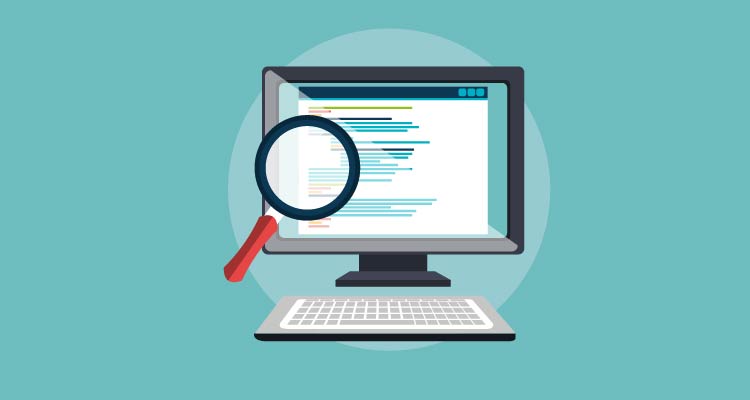 Ilustração de microcomputador com lente em frente à tela investigando