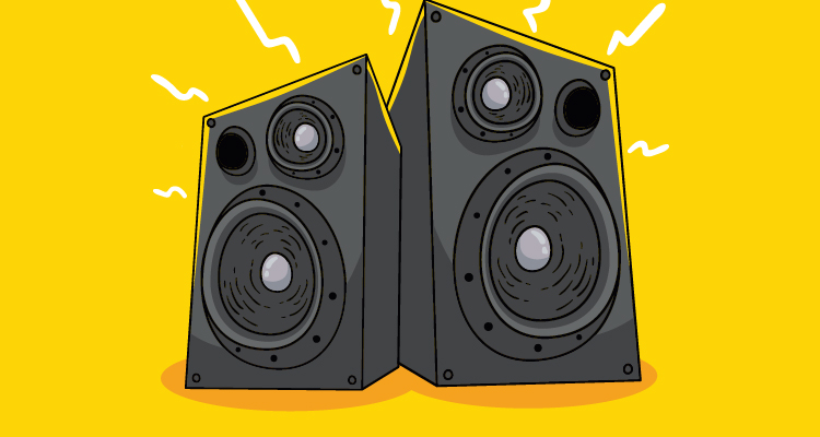 Ilustração de duas caixas de som emitindo som em volume alto, centralizadas em um fundo amarelo.