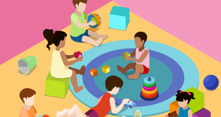 Ilustração mostra seis crianças sentadas no chão. Elas estão em um ambiente colorido, brincando com vários itens.